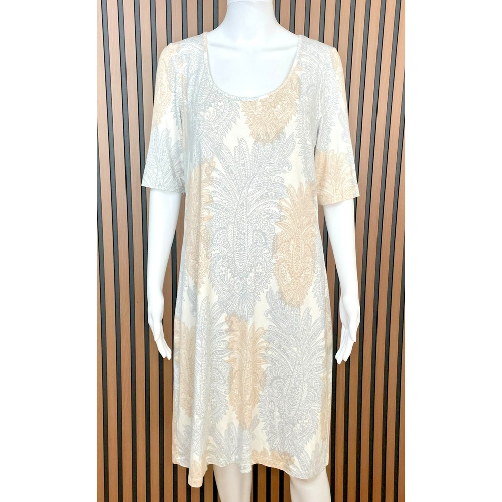 Tommy Bahama Women's Dress Beige A-Line M Scoop Neck Jacquard Travel Half Sleeve